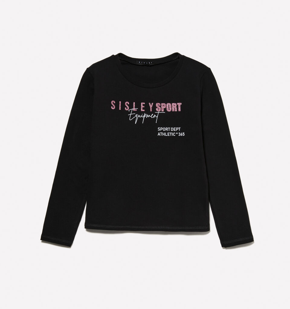 Black t-shirt with glitter print - girls' long sleeve t-shirts - Black | Sisley Young image number 1